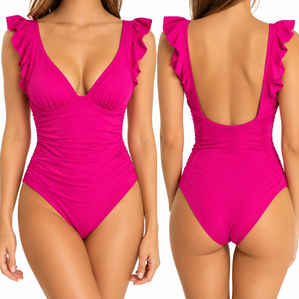 DKNY Womens M Hot Pink Underwire Ruffle One Piece Swimsuit Ruched Barbiecore